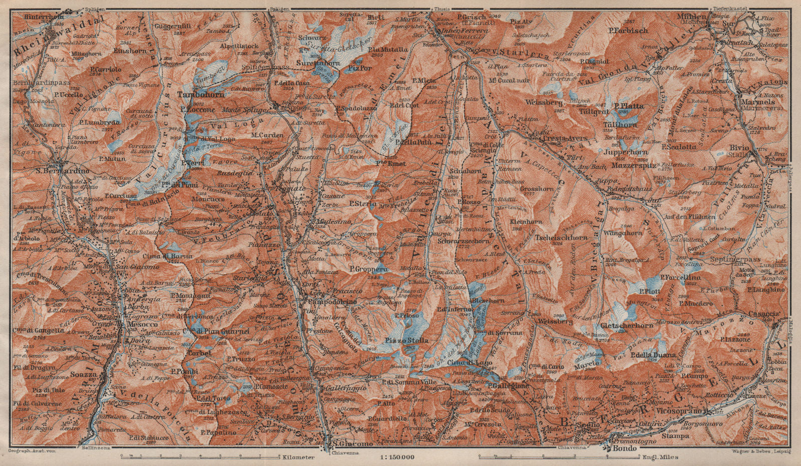 SPLÜGEN-BONDO. Madesimo San Bernardino Mesocco Tambohorn Surettahorn 1913 map